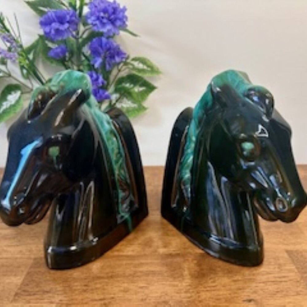Blue Mountain Pottery Horse Head Bookends Canadian Mid-Century Green Drip‎ Glaze